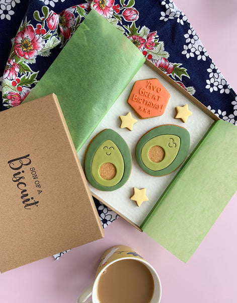 avocado themed letterbox biscuits
