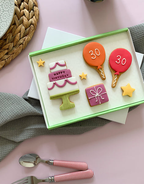 birthday themed fondant covered letterbox biscuits