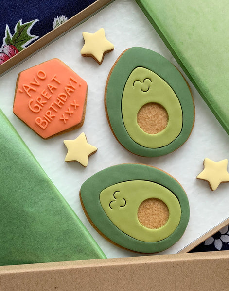 birthday letterbox biscuits featuring avocado design