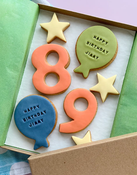 custome agr and name birthday iced letterbox biscuits