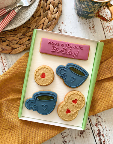 tea and biscuit themed iced letterbox biscuits