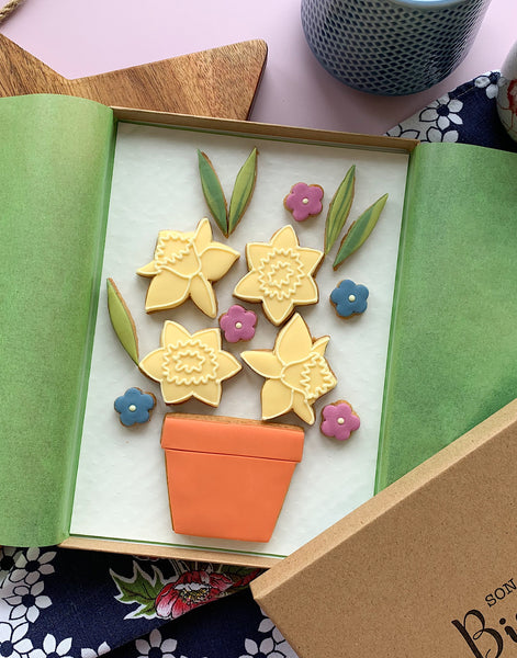 daffodil and spring flower themed fondant covered letterbox biscuits